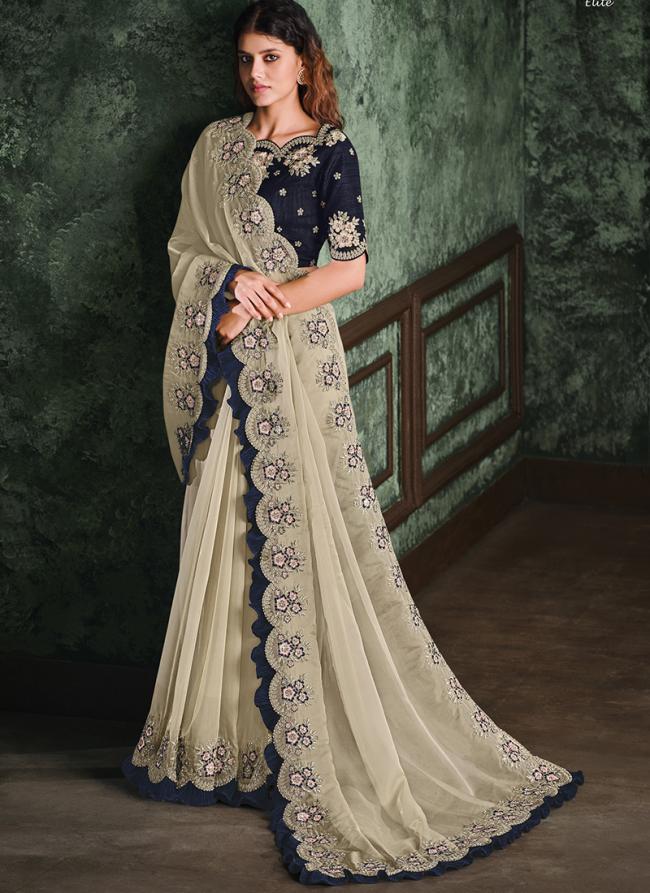 Zari Organza Off-white Party Wear Embroidery Work Saree